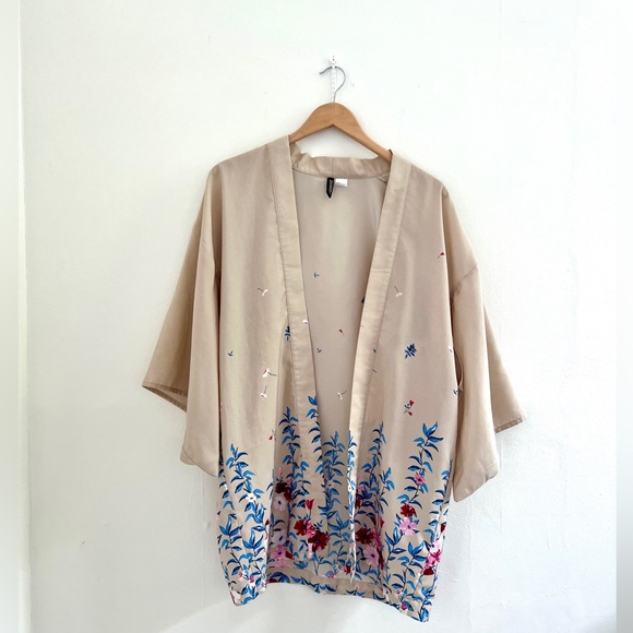Bohemian Printed Floral Kimono Jacket Open Cardigan Cream Pink Blue Cropped Cape - Picture 2 of 9